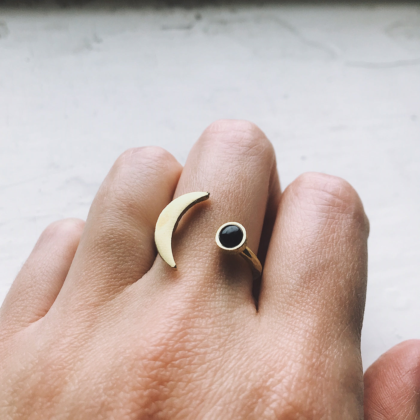 CLEARANCE Crescent Moon Ring with Black Onyx