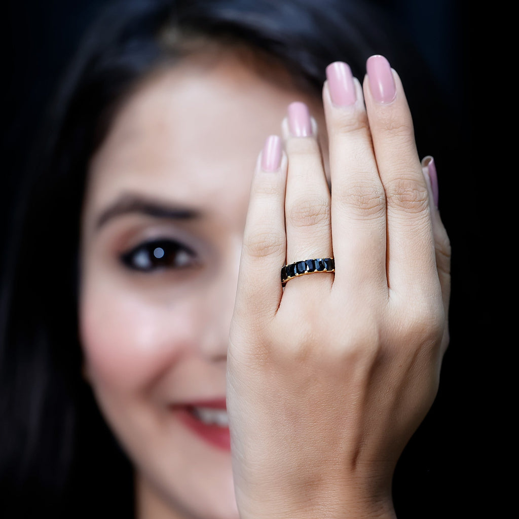 Emerald Cut Lab Created Black Diamond Half Eternity Band in Silver