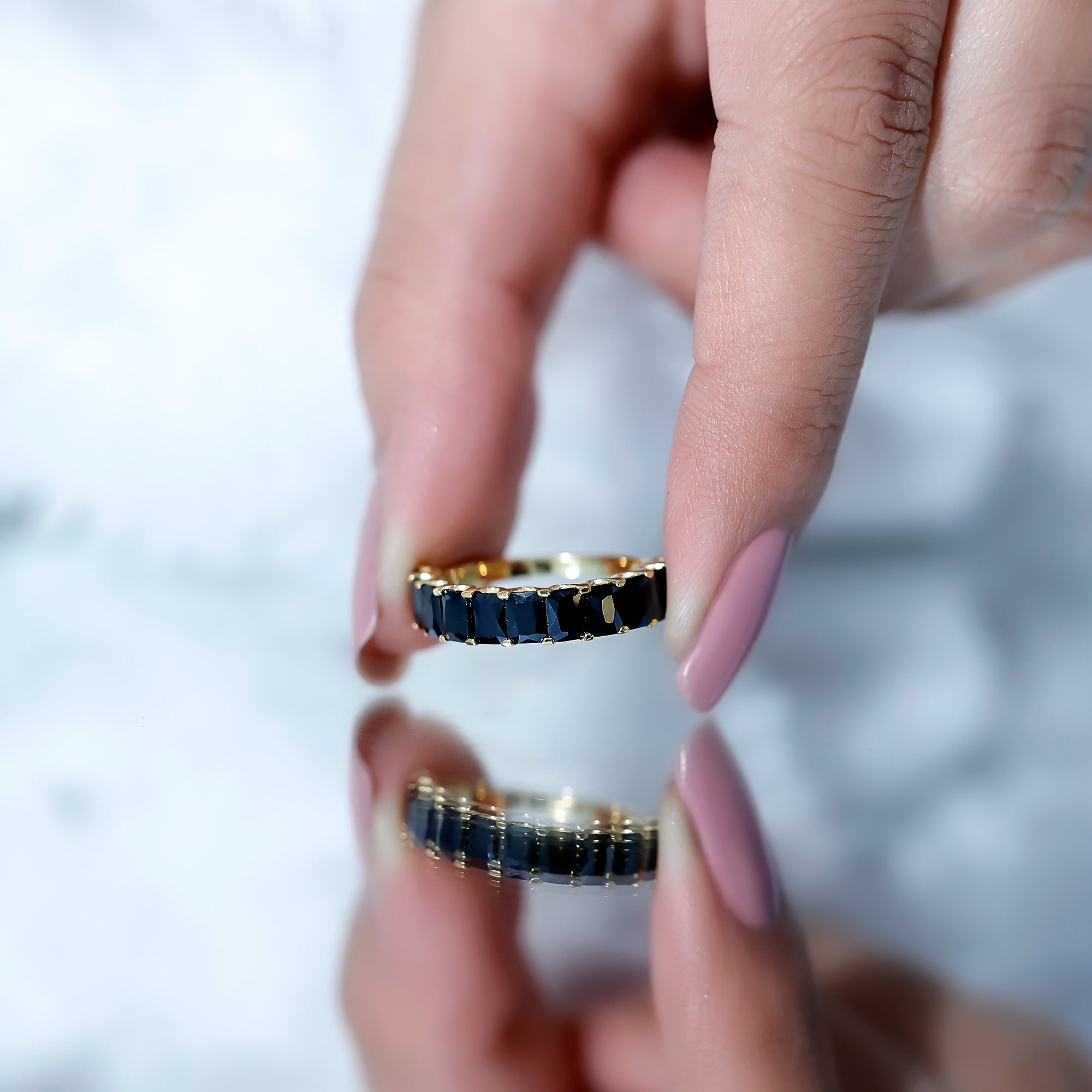 Emerald Cut Lab Created Black Diamond Half Eternity Band in Silver