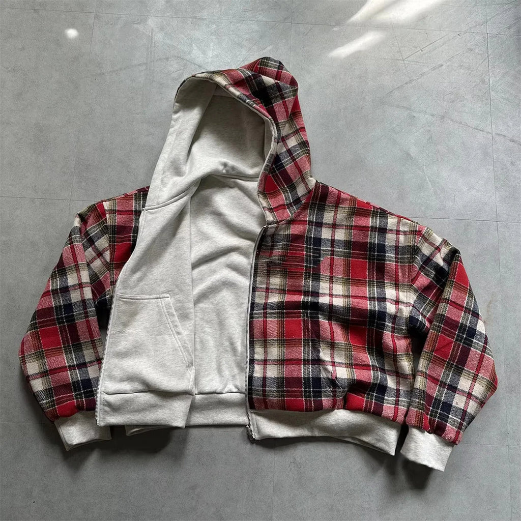 2025 New Casual Retro Zipper Hoodie Gothic Blue Striped Plaid Front and Back Two Sweatshirt 90s Hip Hop Loose Gray Sweatshirt