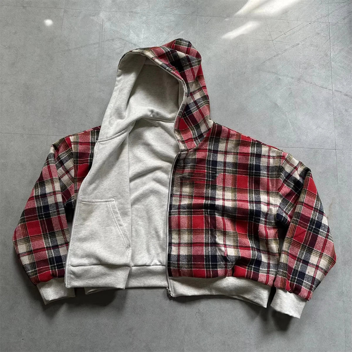 2025 New Casual Retro Zipper Hoodie Gothic Blue Striped Plaid Front and Back Two Sweatshirt 90s Hip Hop Loose Gray Sweatshirt