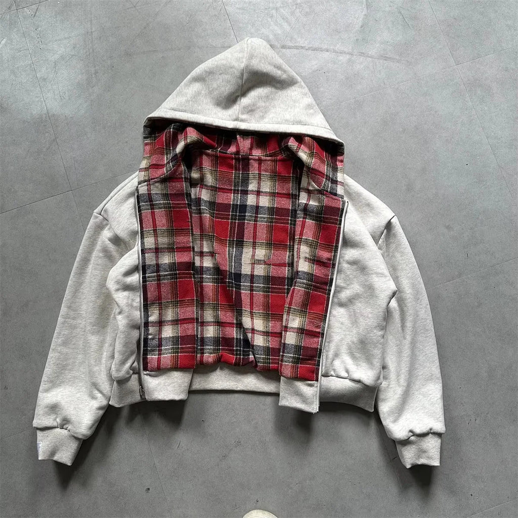 2025 New Casual Retro Zipper Hoodie Gothic Blue Striped Plaid Front and Back Two Sweatshirt 90s Hip Hop Loose Gray Sweatshirt