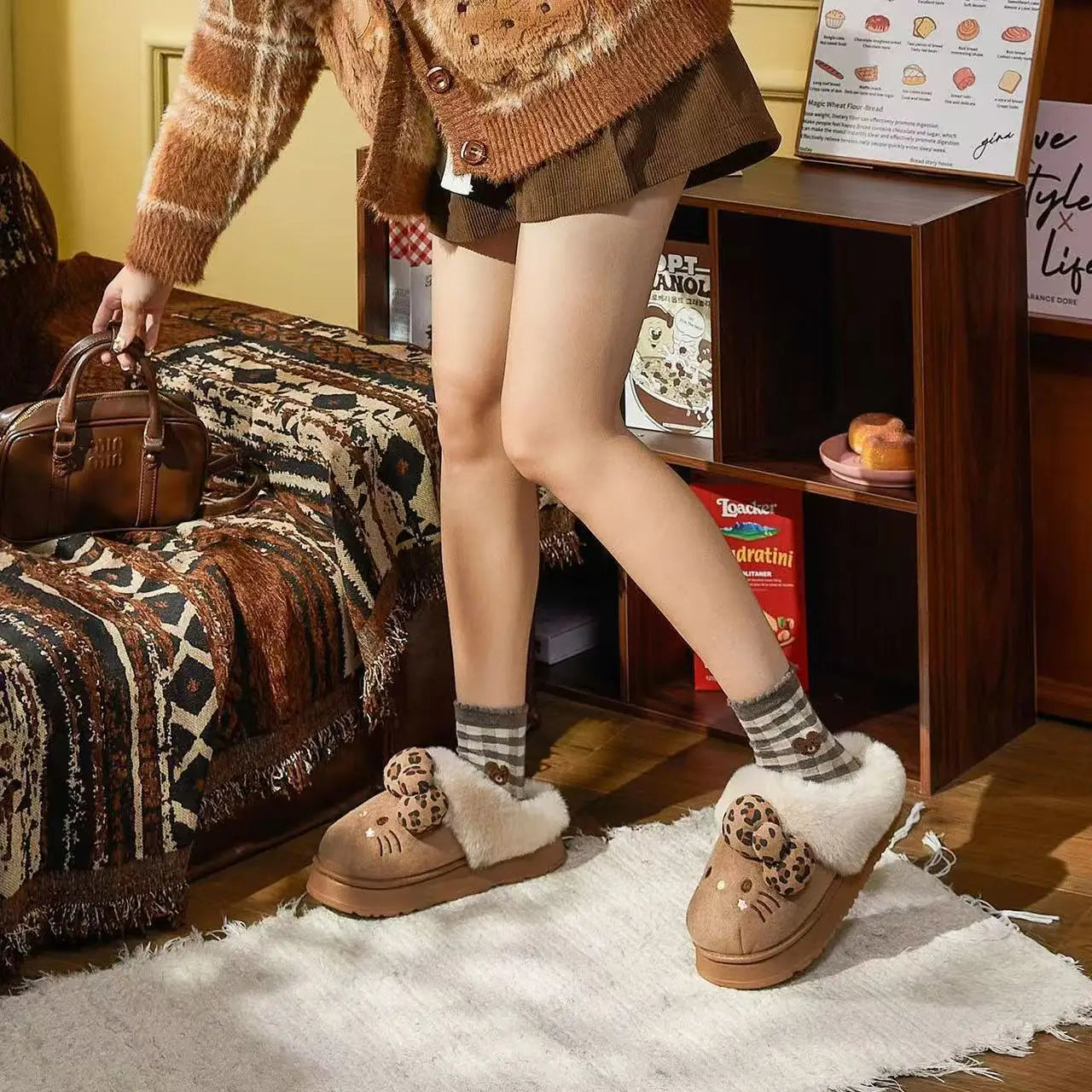 real pictures Hello Kitty 2025 new Autumn Winter Home Anti slip Waterproof warm Shoes brown pink Cotton Slippers for Women