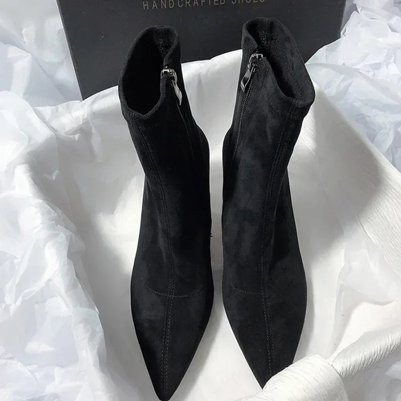Pointed Toe Sock Short Boots Fashion Side Zipper  Ankle Booties Thin High Heel Autumn Winter Ladies Shoes