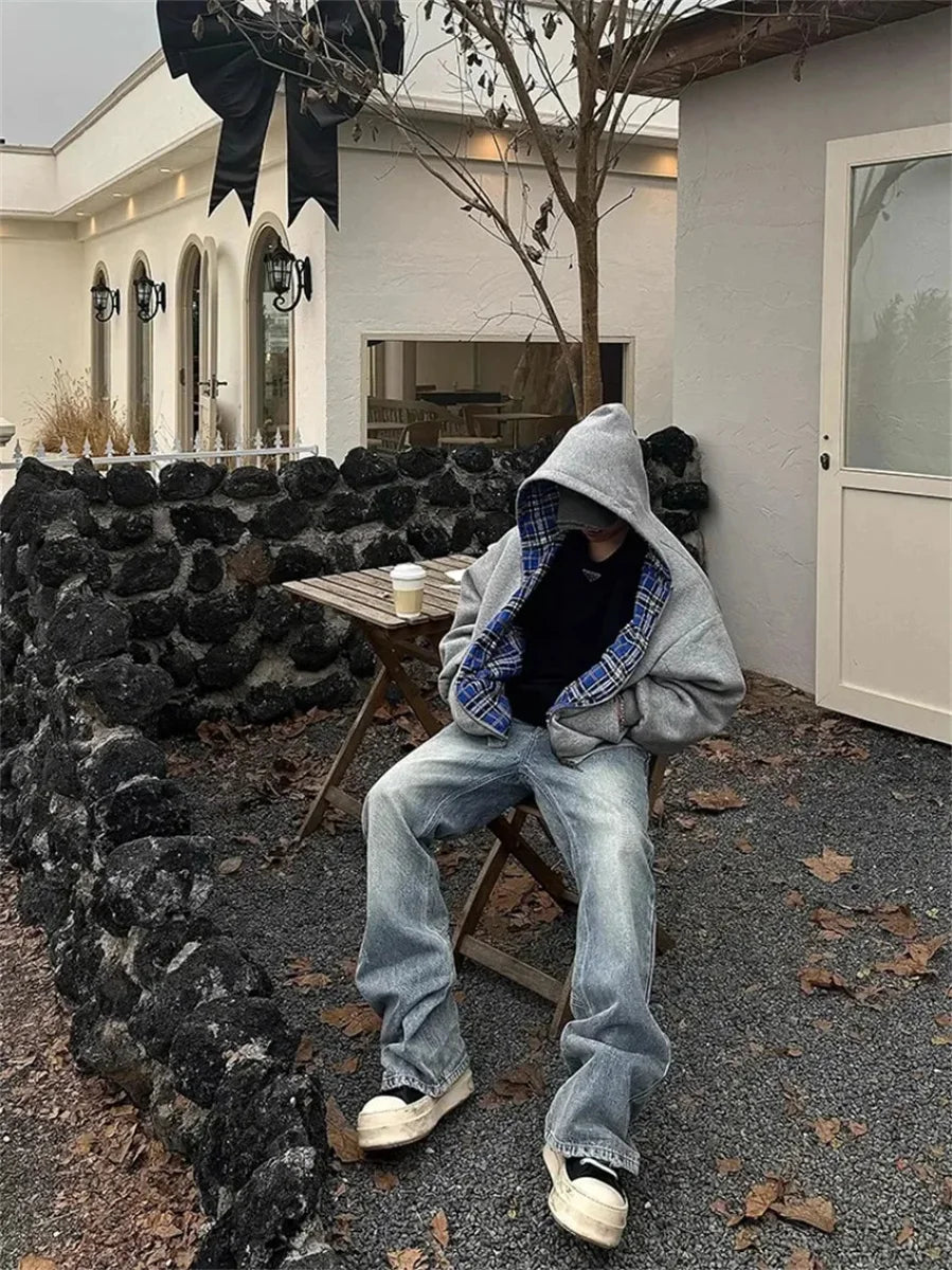 2025 New Casual Retro Zipper Hoodie Gothic Blue Striped Plaid Front and Back Two Sweatshirt 90s Hip Hop Loose Gray Sweatshirt