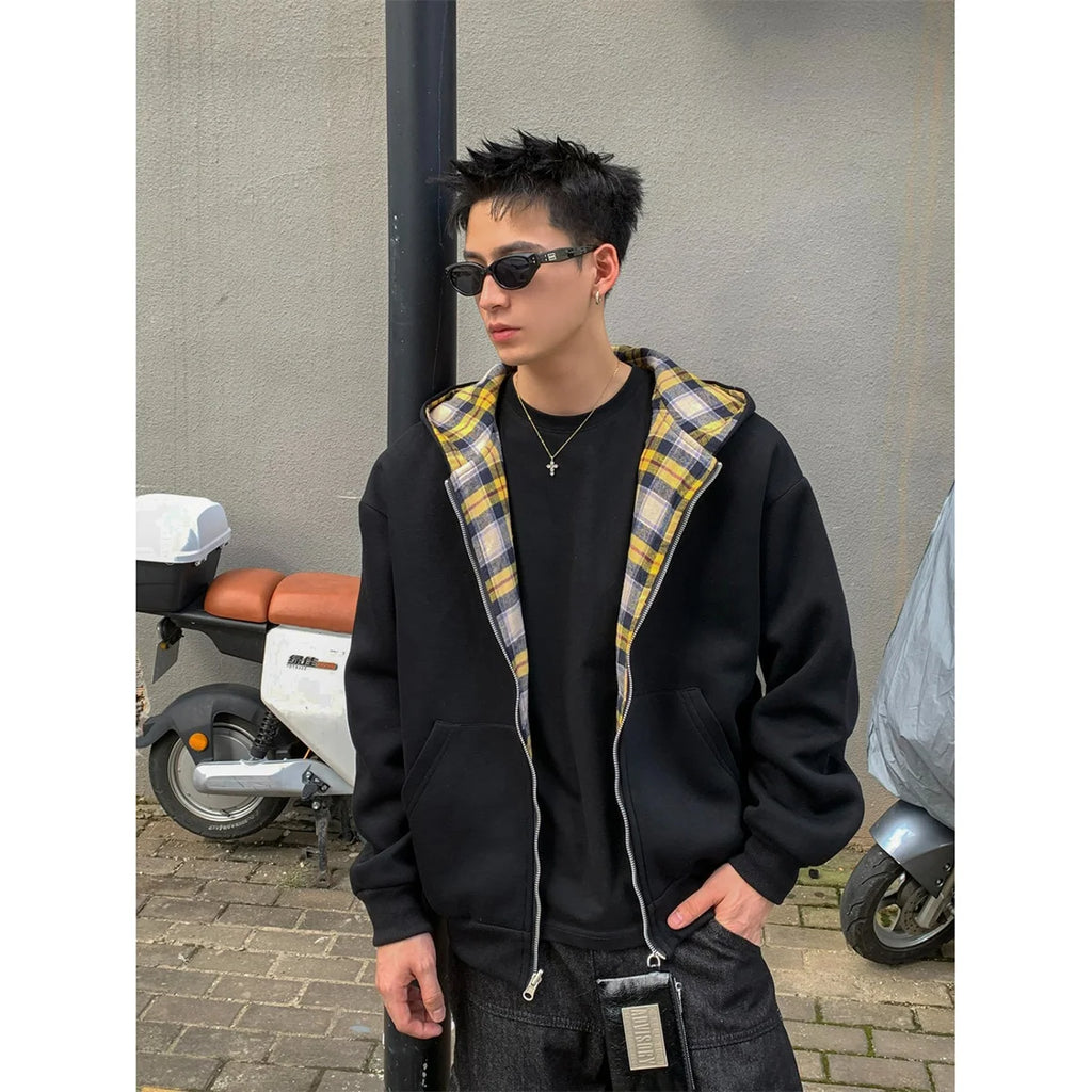 2025 New Casual Retro Zipper Hoodie Gothic Blue Striped Plaid Front and Back Two Sweatshirt 90s Hip Hop Loose Gray Sweatshirt