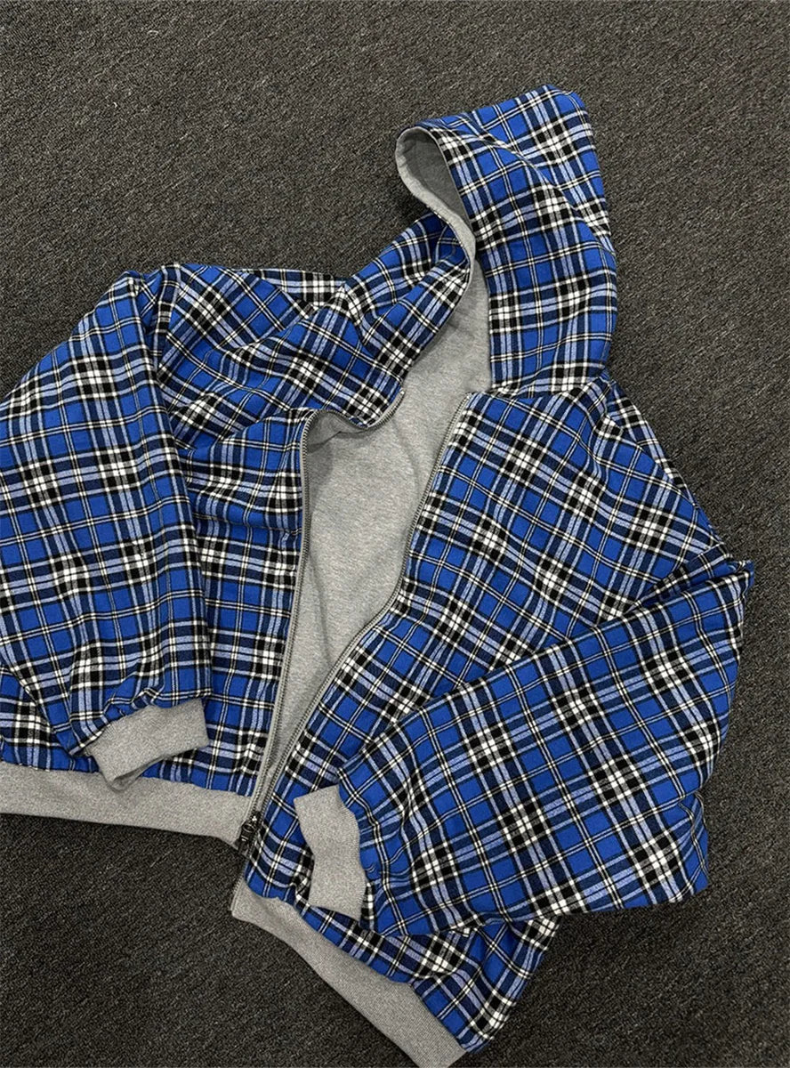 2025 New Casual Retro Zipper Hoodie Gothic Blue Striped Plaid Front and Back Two Sweatshirt 90s Hip Hop Loose Gray Sweatshirt