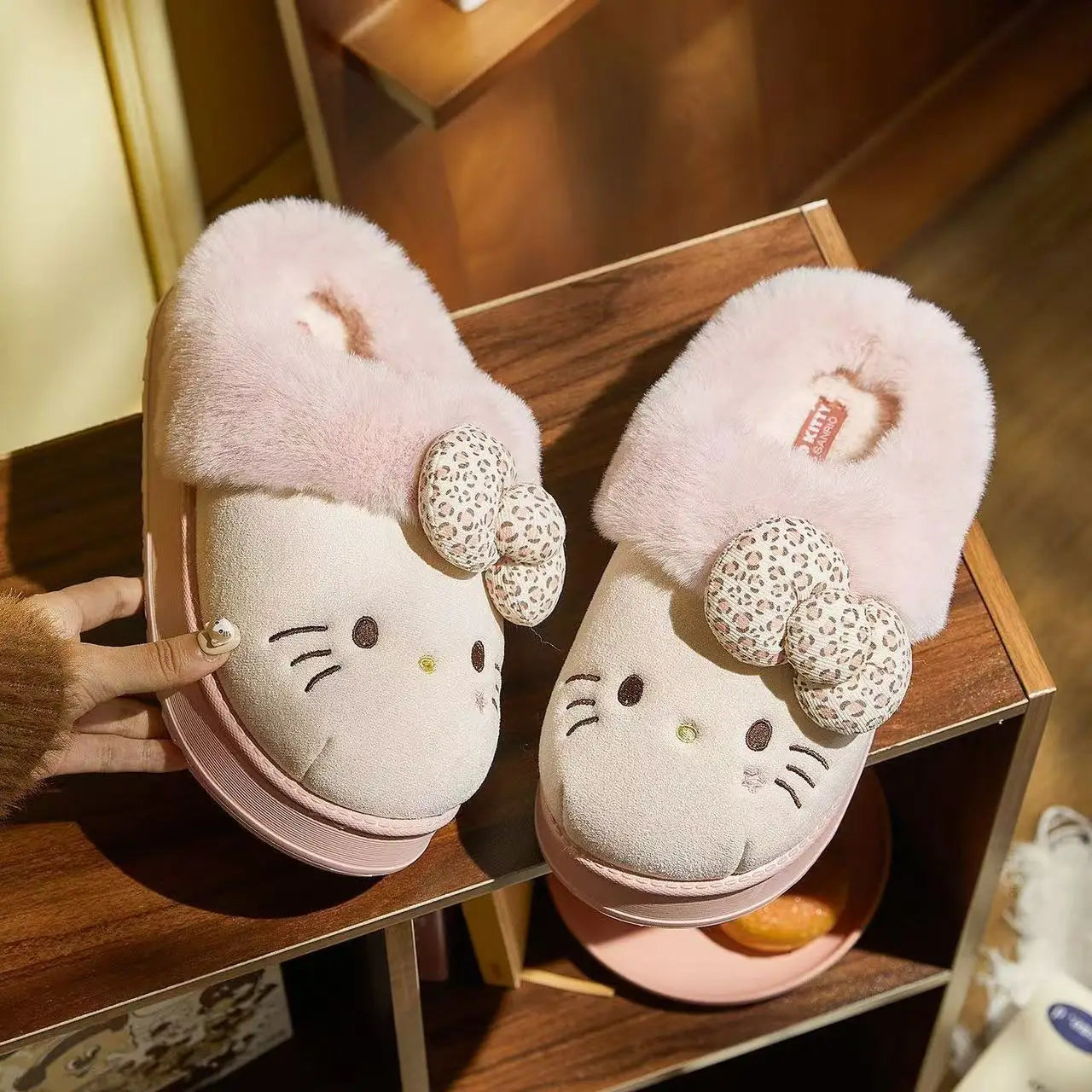 real pictures Hello Kitty 2025 new Autumn Winter Home Anti slip Waterproof warm Shoes brown pink Cotton Slippers for Women