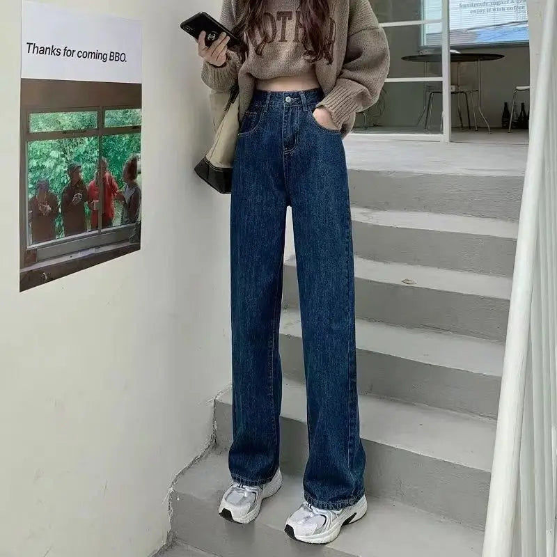 Spring Autumn Straight Jeans 2025 Women Denim Pants Vintage Fashion Female Solid High Waist Jeans Casual Trousers Wide Leg Pants