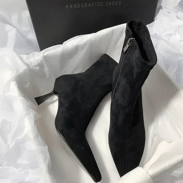 Pointed Toe Sock Short Boots Fashion Side Zipper  Ankle Booties Thin High Heel Autumn Winter Ladies Shoes