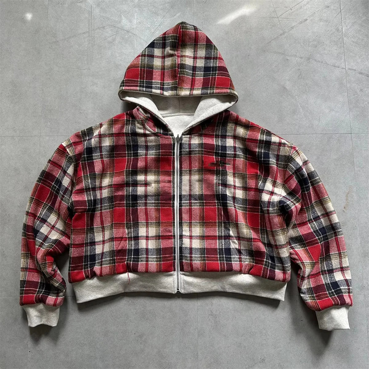 2025 New Casual Retro Zipper Hoodie Gothic Blue Striped Plaid Front and Back Two Sweatshirt 90s Hip Hop Loose Gray Sweatshirt