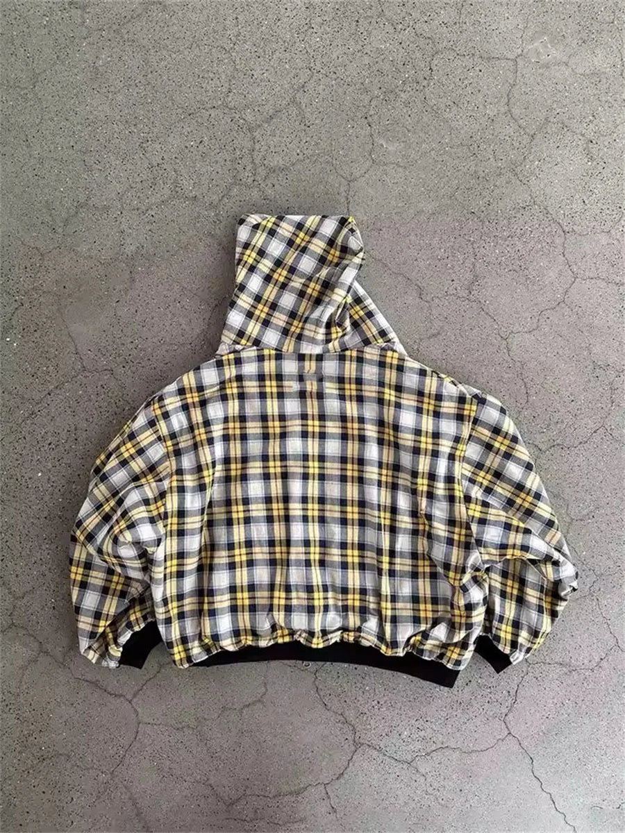 2025 New Casual Retro Zipper Hoodie Gothic Blue Striped Plaid Front and Back Two Sweatshirt 90s Hip Hop Loose Gray Sweatshirt