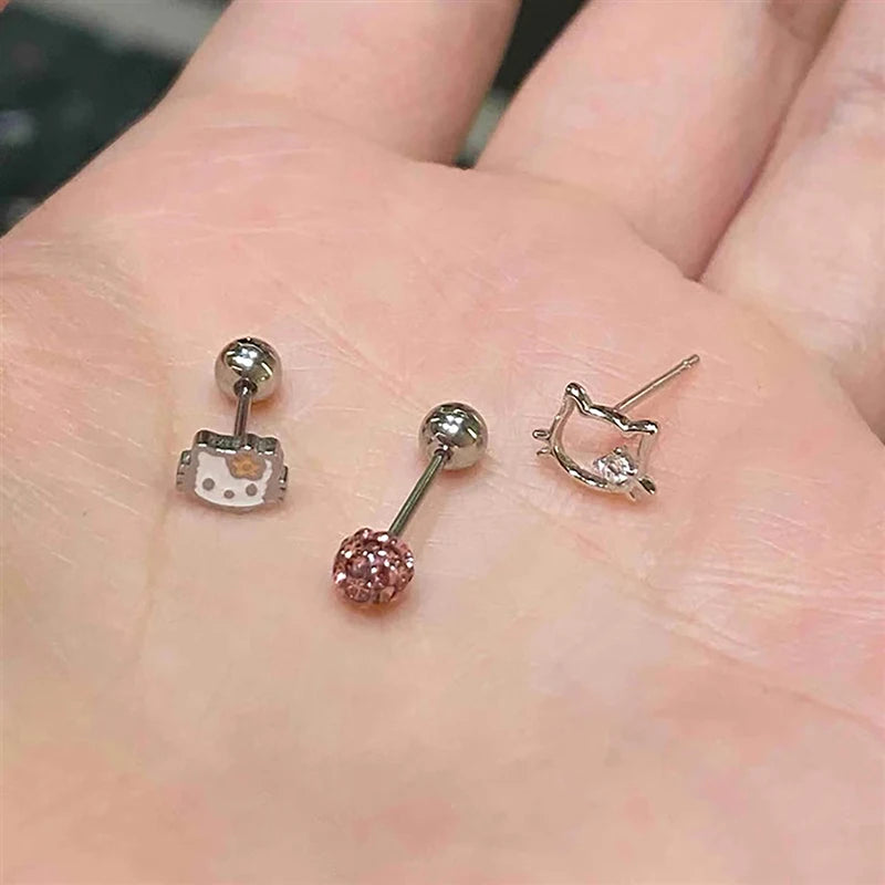 3Pcs Sanrio Hello Kitty Cartoon Earings Kawaii Cute Cat Earring For Women Girls Small Studs Funny Jewelry Accessories Gift