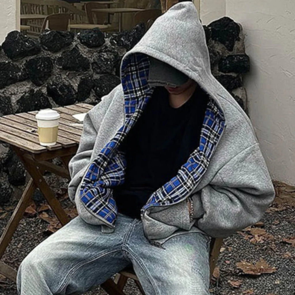 2025 New Casual Retro Zipper Hoodie Gothic Blue Striped Plaid Front and Back Two Sweatshirt 90s Hip Hop Loose Gray Sweatshirt