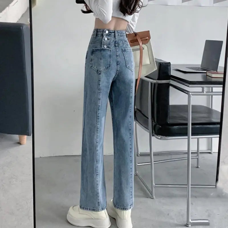 Spring Autumn Straight Jeans 2025 Women Denim Pants Vintage Fashion Female Solid High Waist Jeans Casual Trousers Wide Leg Pants