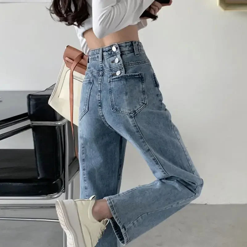 Spring Autumn Straight Jeans 2025 Women Denim Pants Vintage Fashion Female Solid High Waist Jeans Casual Trousers Wide Leg Pants