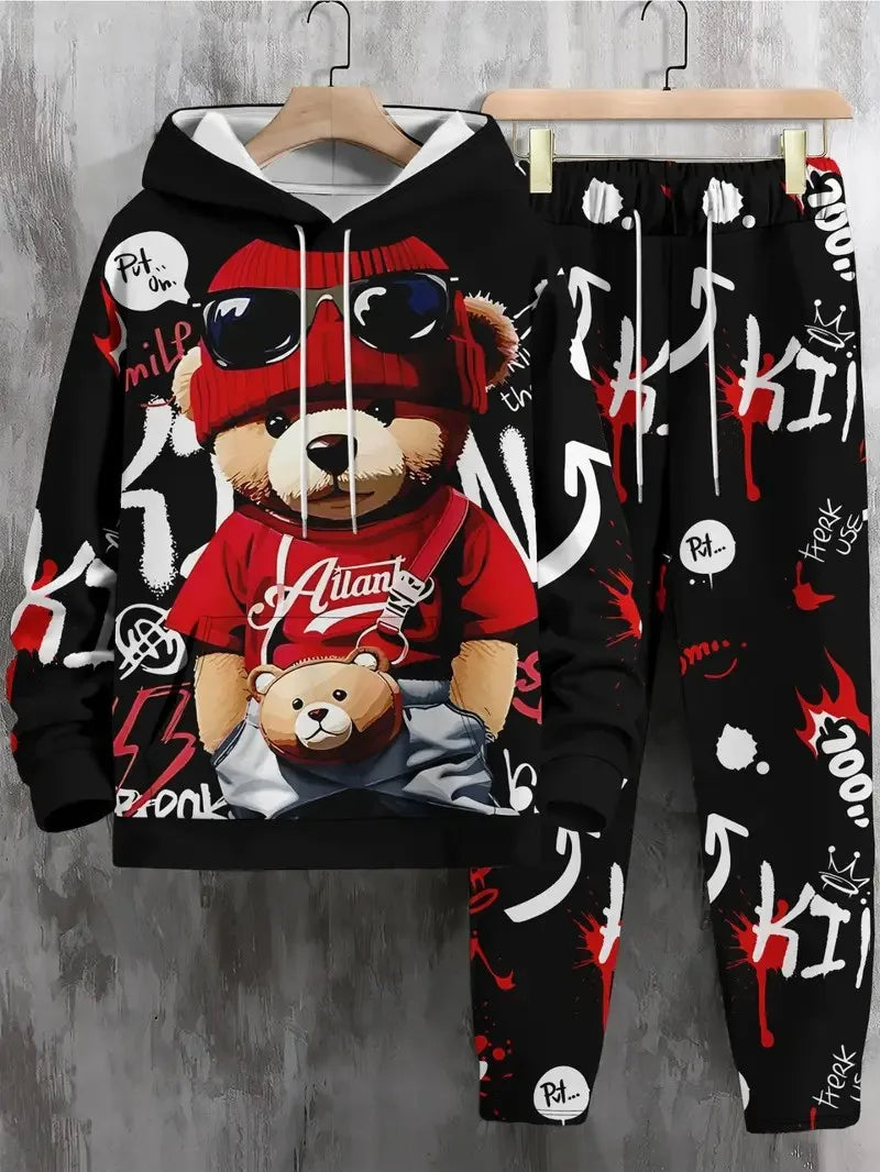The 2025 Spring and Autumn Bestseller men's hoodie set is skin-friendly soft casual and fashionable with bear prints