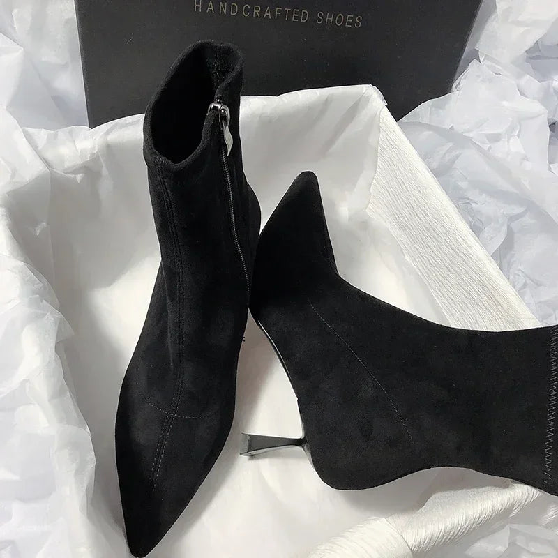Pointed Toe Sock Short Boots Fashion Side Zipper  Ankle Booties Thin High Heel Autumn Winter Ladies Shoes
