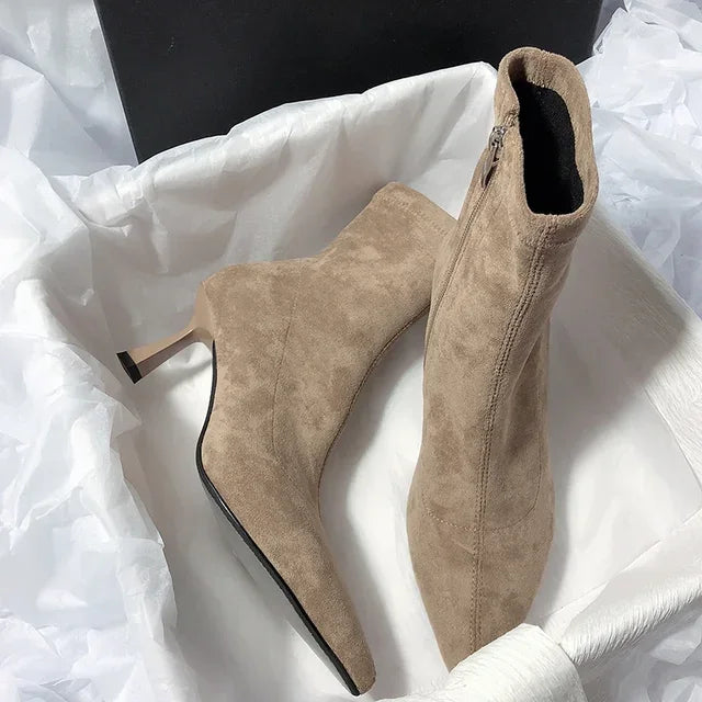Pointed Toe Sock Short Boots Fashion Side Zipper  Ankle Booties Thin High Heel Autumn Winter Ladies Shoes