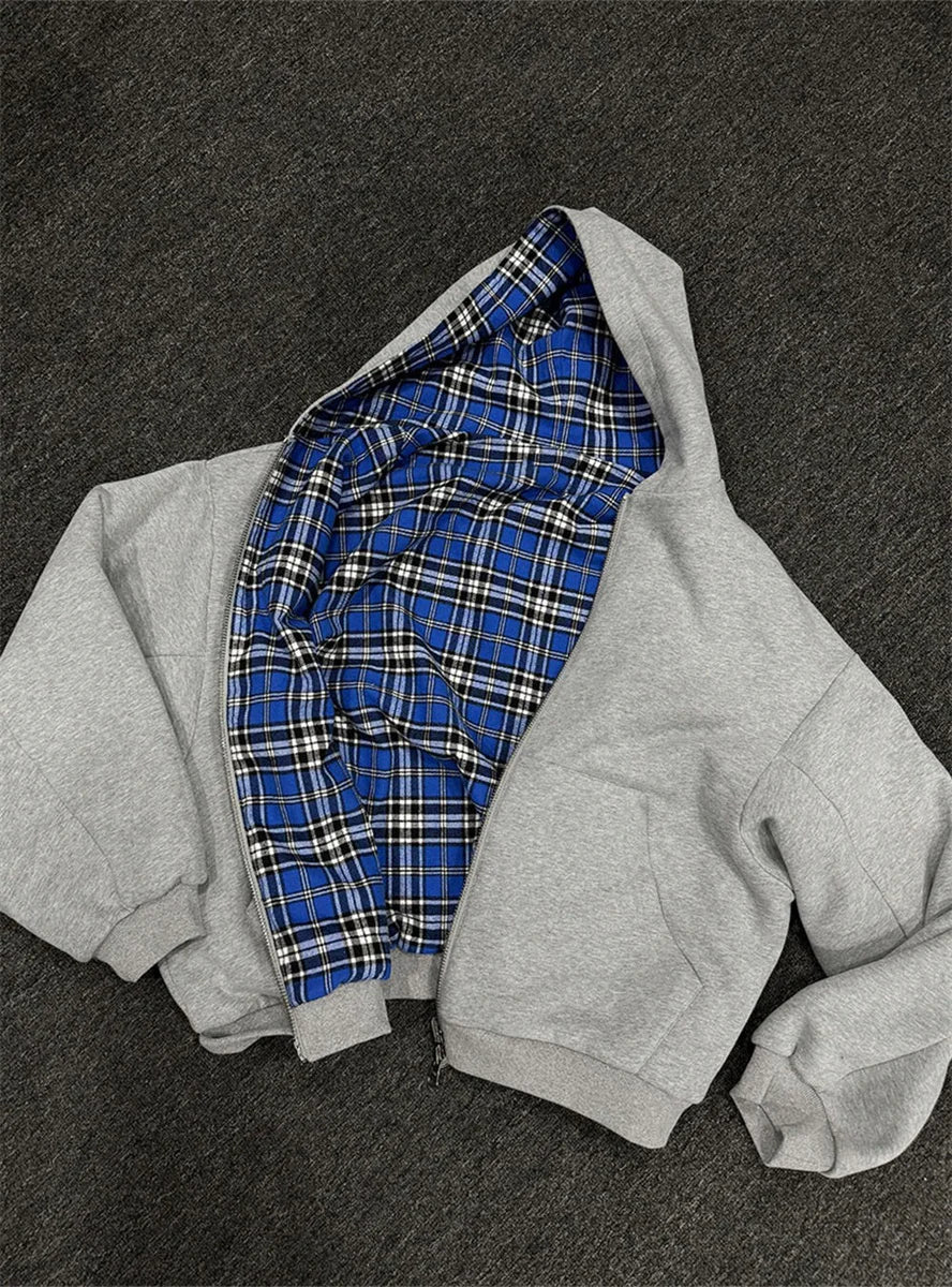2025 New Casual Retro Zipper Hoodie Gothic Blue Striped Plaid Front and Back Two Sweatshirt 90s Hip Hop Loose Gray Sweatshirt
