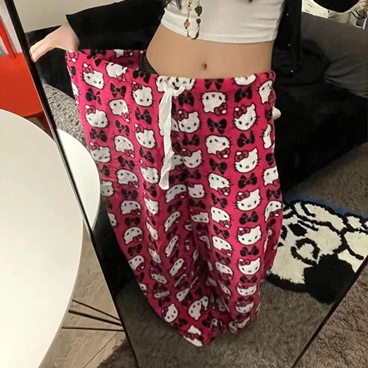 Y2K Hello Kitty Pajamas Pants Anime Women's Pajama Pants Sanrio Cartoon Fashion Home Sleepwear Trousers Leisure Home Clothing