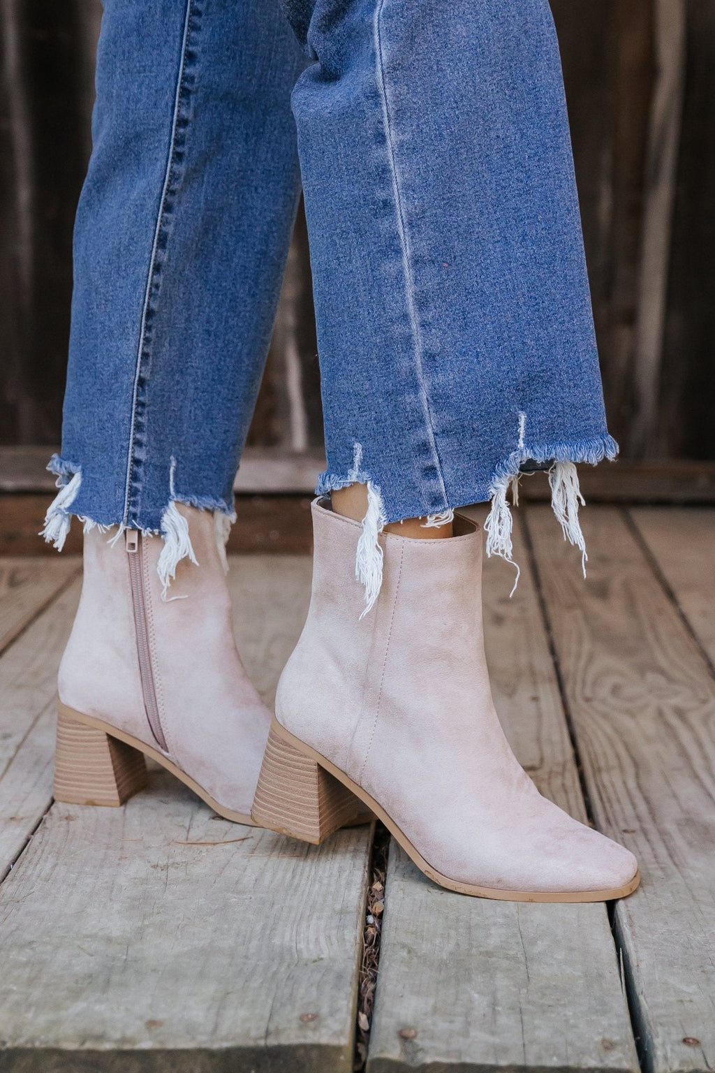Beige Faux Suede Heeled Ankle Booties - FINAL SALE